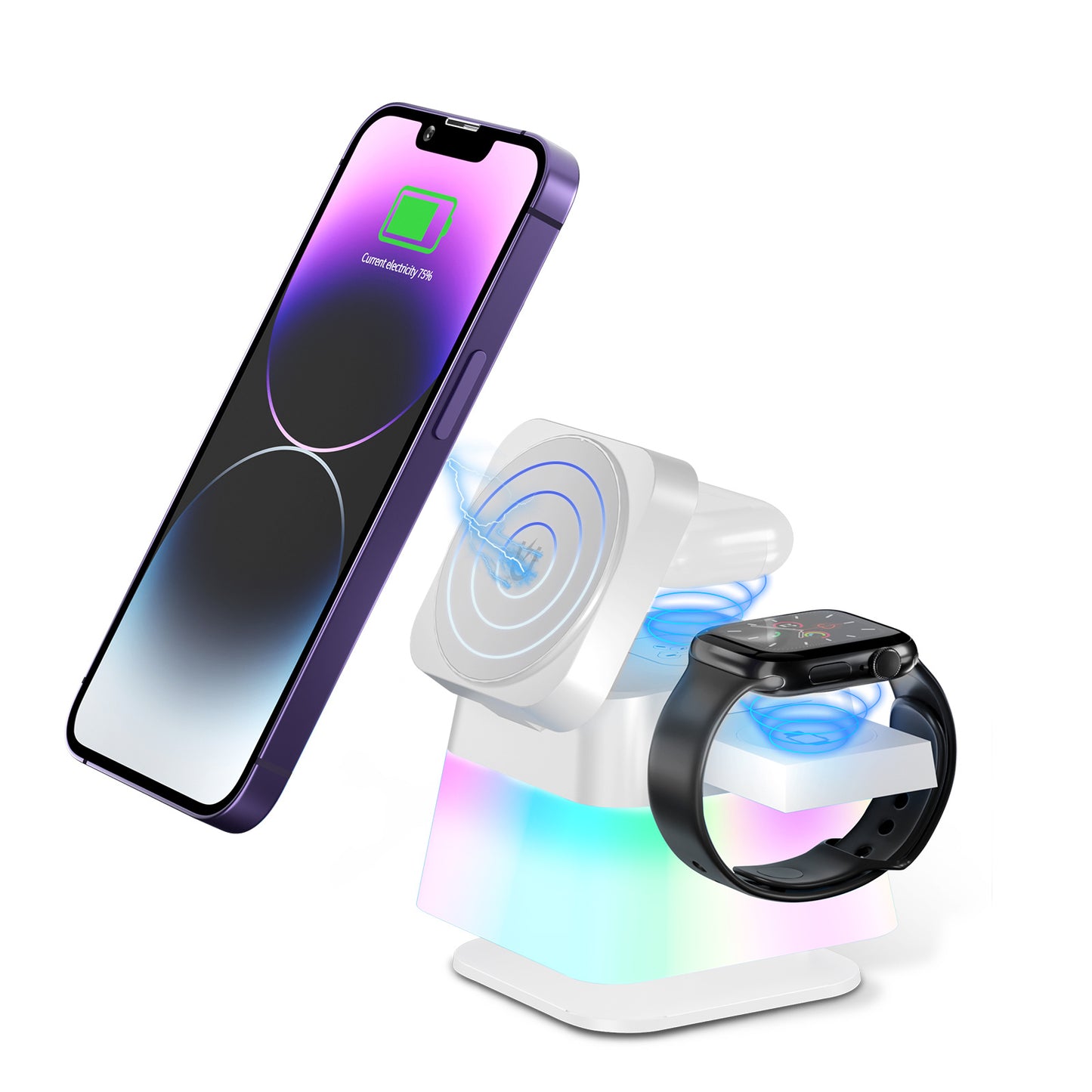 4-in-1 Magnetic Rotatable Wireless Charging Station with Adjustable LED Night Light | Foldable Fast Charger for iPhone 15/14/13/12/Pro Max/8/7, Apple Watch, AirPods | Overcurrent/Voltage/Temperature Protection