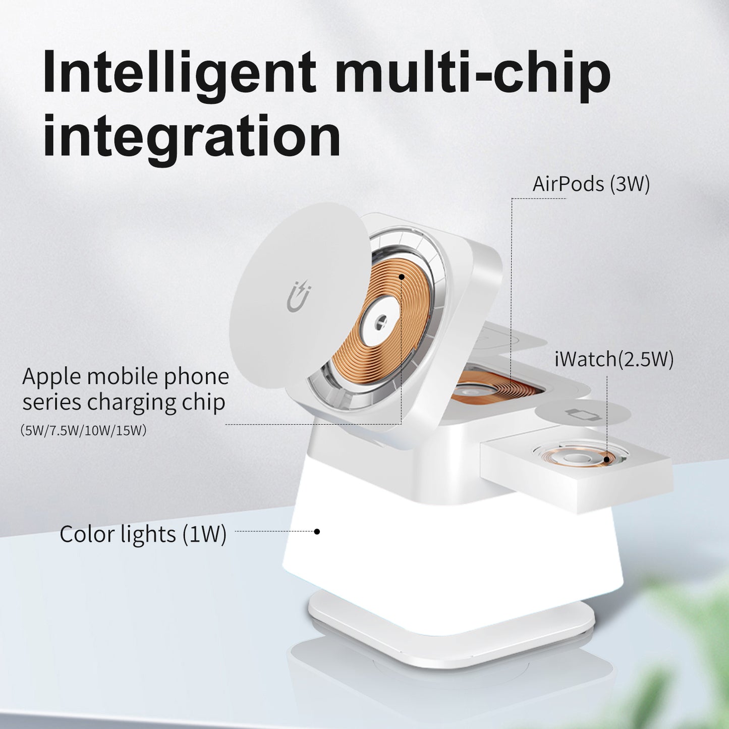 4-in-1 Magnetic Rotatable Wireless Charging Station with Adjustable LED Night Light | Foldable Fast Charger for iPhone 15/14/13/12/Pro Max/8/7, Apple Watch, AirPods | Overcurrent/Voltage/Temperature Protection