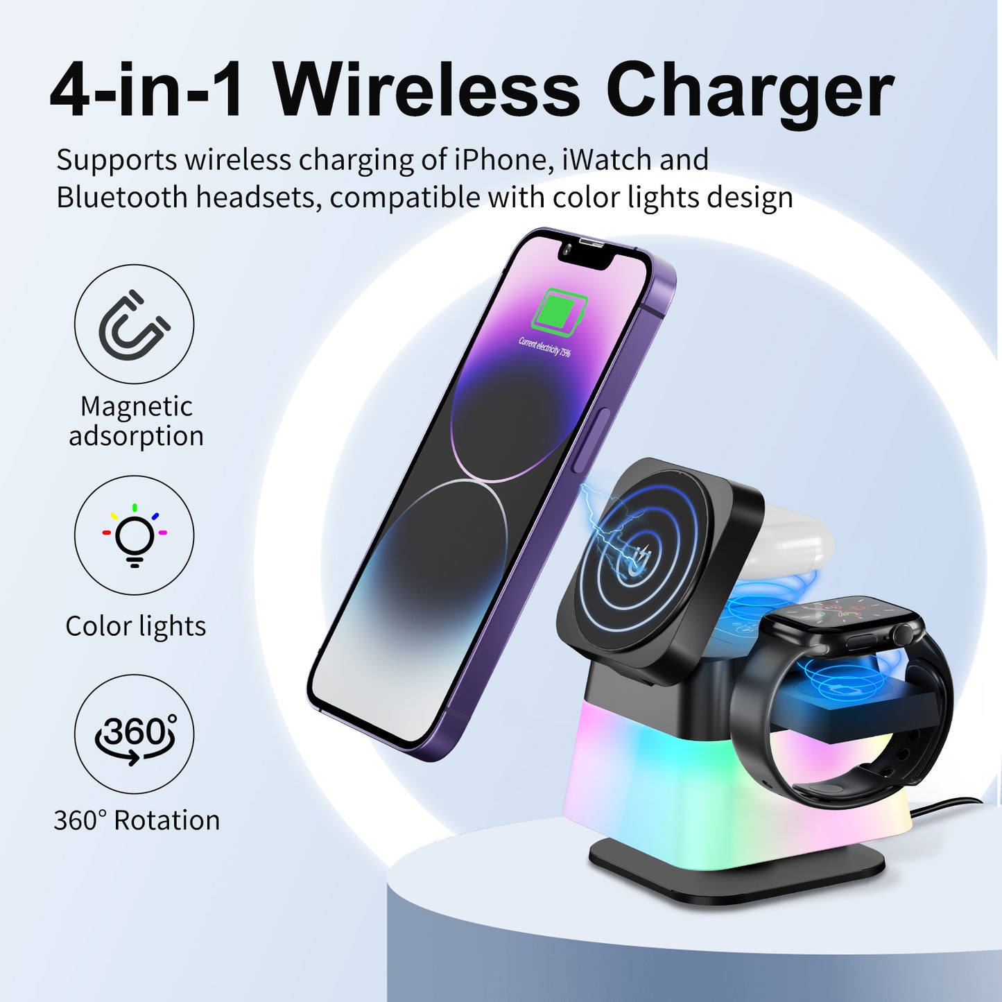 4-in-1 Magnetic Rotatable Wireless Charging Station with Adjustable LED Night Light | Foldable Fast Charger for iPhone 15/14/13/12/Pro Max/8/7, Apple Watch, AirPods | Overcurrent/Voltage/Temperature Protection